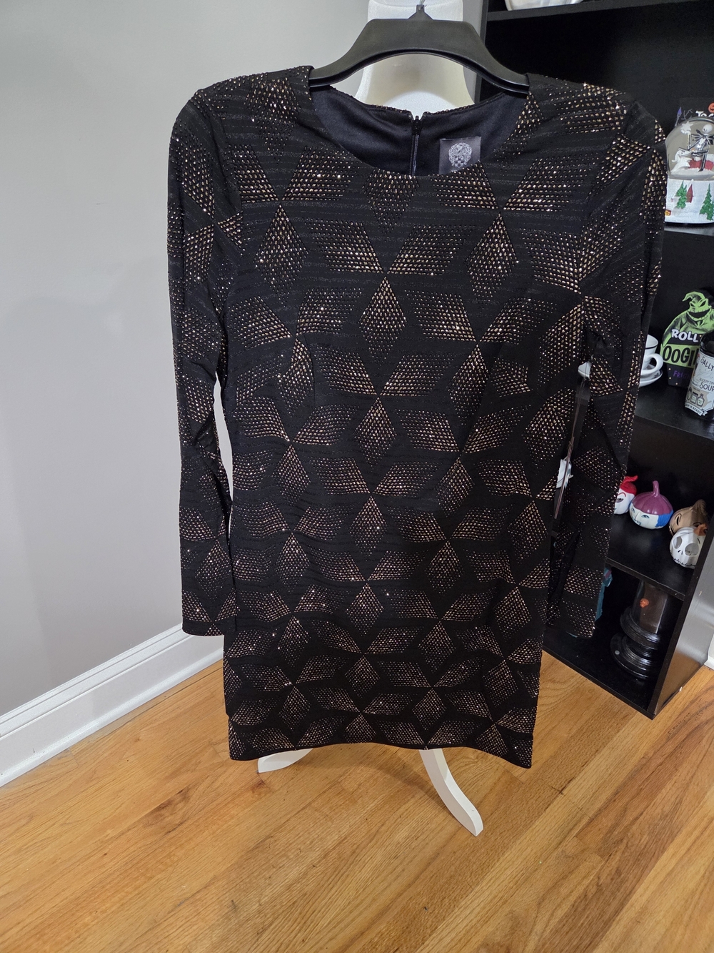 Vince Camuto Black Dress with Rose-Gold Sequin Geometric Pattern